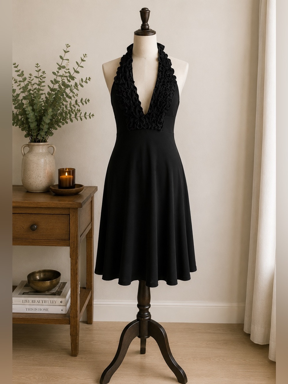 Y2K Joseph Ribkoff Black Halter Ruffle Cocktail Dress Size 8